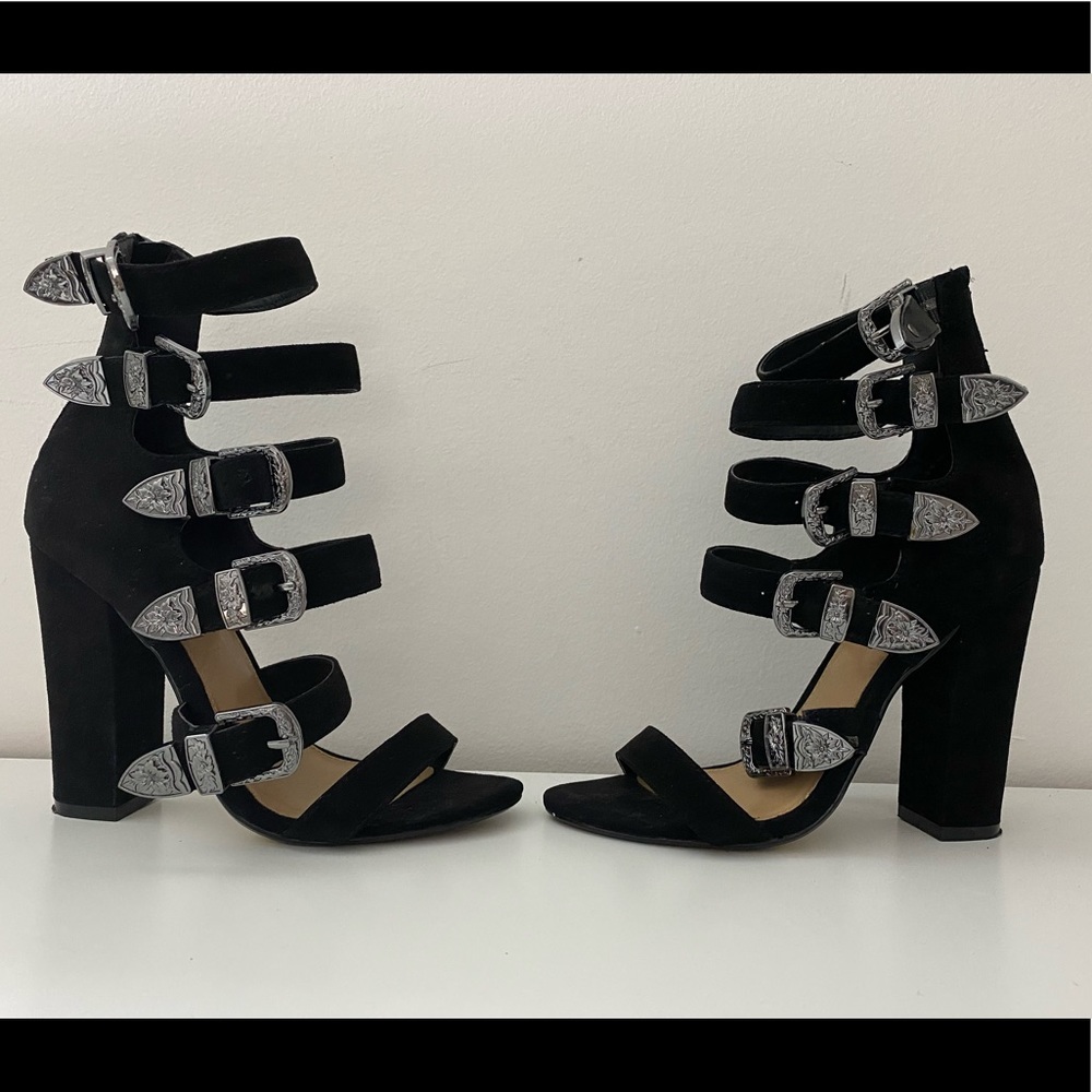Steve Madden black velvet chunky heels with buckles